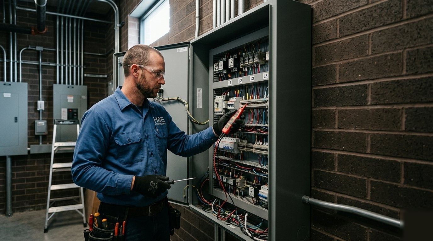 H&E Electrician Ltd professional electrician working on electrical panel